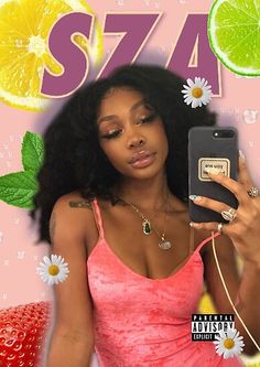 a woman holding up a cell phone in front of lemon slices and daisies on a pink background