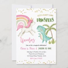 this is an image of a dinosaur and unicorn birthday party card with the text, let's party like dinosaurs