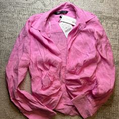 Pink Low V Button Down Long Sleeve Zara Long Sleeve Summer Shirt, Zara Long Sleeve Shirt For Summer, Zara Long Sleeve Shirt For Spring, Trendy Spring Shirt With Button Closure, Chic Spring Shirt With Buttons, Zara Pink Tops With Buttons, Pink Zara Shirt For Spring, Spring Button-up Shirt With Buttons, Zara Pink Button-up Top