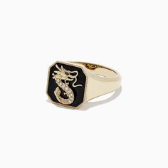 Effy Novelty 14K Yellow Gold Onyx and Diamond Dragon Signet Ring, 1.91 TCW Diamond Dragon, Yellow Stone, Signet Ring, Gold Yellow, Class Ring, Round Diamonds, Gold Metal, Onyx, Gemstone Rings