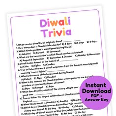 a printable diwal trivia for kids with the words instant and an answer key