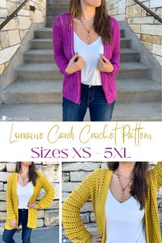 three photos of the same cardigan with different colors and sizes, including one in yellow