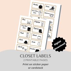 two printable clothes labels with the words closet labels on them