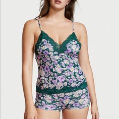 Brand New One Set, Two Staples, Endless Possibilities. This Printed Cami-Boyshort Pack Is Perfectly Chic Worn Together Or As Separates. Tight Fit Cami Mid-Rise Boyshort Panty Machine Wash Imported Composition Body/Gusset: 100% Cotton Lace: 85% Polyamide, 15% Elastane Exclusive Of Decoration Green Pajama Shorts For Sleep, Victoria's Secret Purple Sleepwear For Pajama Party, Green Camisole For Bedtime, Purple Summer Pajama Shorts For Sleep, Purple Summer Pajama Shorts, Green Pajama Shorts For Bedtime, Purple Cami Sleepwear For Summer, Purple Pajama Shorts For Summer Bedtime, Summer Purple Pajama Shorts For Bedtime