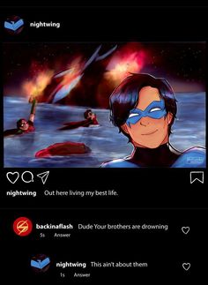 an animated avatar is shown on the screen with caption that reads, nightwing out here living my best life