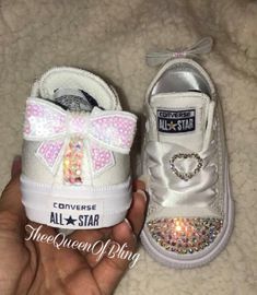 Toddler bling converse ✨ These are the solid white all star converse for toddlers!  These run slightly big  Embellished with high quality crystal AB crystals and cute white bows in the back! White All Star Converse, All White Converse, White All Star, Bling Converse, Toddler Converse, All Star Converse, Star Converse, Girls Shoes Sneakers, Baby Bling