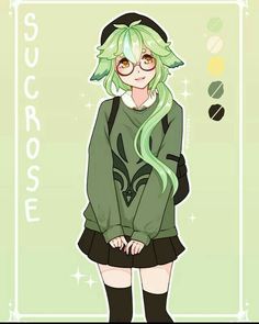 a girl with green hair and glasses standing in front of a sign that says succrosse