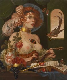 a painting of a woman holding a book and a bird perched on her shoulder, next to an open book