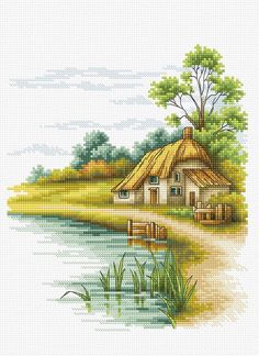 a cross stitch pattern with a small house on the shore and water in front of it