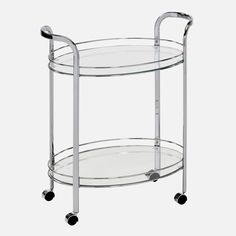 a glass and chrome serving cart with wheels