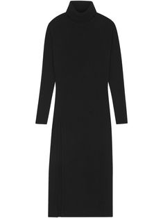 Black Midi Dress With Side Slits For Work, Elegant Black Longline Midi Dress, Long Winter Midi Dress For Formal Occasions, Sleek Turtleneck Dress For Fall, Black Midi Dress With Long Sleeves And Side Slits, Black Long Sleeve Midi Dress With Side Slits, Fall Workwear Midi Dress With Side Slits, Fall Long Sleeve Midi Dress With Side Slits, Chic High Neck Long Sleeve Winter Dress