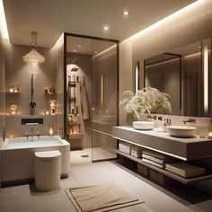 a modern bathroom with candles on the walls and a large bathtub in the middle