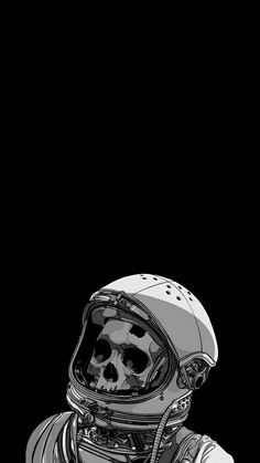 a black and white photo of an astronaut with a skull on his helmet, in space