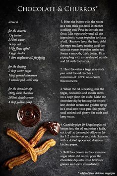 chocolate and churros recipe on a black slate board with ingredients to make it