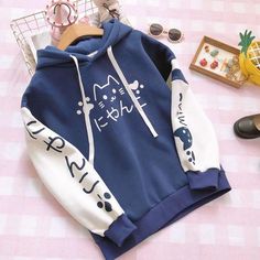 Fabric Material:Cotton Blend Color:Pink,Dark Blue Size Chat:One Size Length:62cm/24.43" Sleeve:42cm/16.55" Bust:116cm/45.70" Shoulder:59cm/23.25" Japanese Hoodie, Smink Inspiration, Hoodie Jumper, Kawaii Fashion Outfits, Cat Hoodie, Kawaii Cat, Kawaii Clothes, Harajuku Fashion, Cute Kawaii