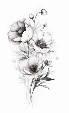 black and white drawing of flowers on a white background