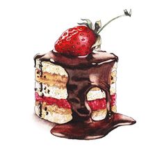 a drawing of a piece of cake with a strawberry on top and chocolate sauce drizzled over it