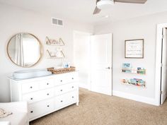 #nurseryideas #babyroom #babygirlroom Baby Room Mirror, Logan Michael, Nursery Dresser Decor, Twin Nursery Room, Modern Baby Room, Baby Dresser, Nursery Dresser