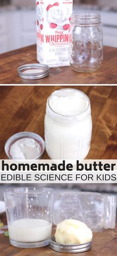 the ingredients for homemade butter are shown in this collage