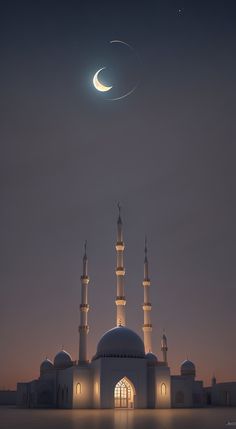 the moon is seen over a mosque at night