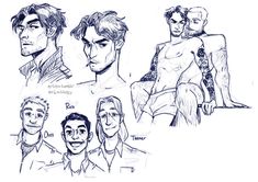 some drawings of people with different expressions on their faces and body, one man has his arm around the other's neck