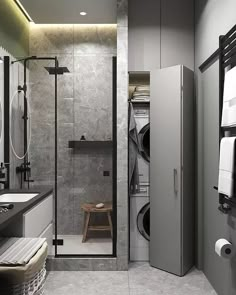 a bathroom with a sink, mirror and washer dryer