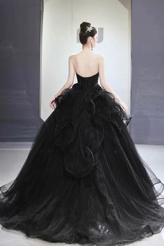 Black Tulle Beaded Long Ball Gown A-Line Strapless Evening Formal Gown Strapless Tulle Gown For Quinceanera, Strapless Tulle Evening Dress For Quinceanera, Strapless Gown With Corset Back For Banquet, Tulle Evening Dress With Long Train For Quinceanera, Black Tulle Gown With Corset Back, Black Strapless Gown For Prom Season, Quinceanera Tulle Evening Dress With Long Train, Quinceanera Evening Dress With Long Train In Tulle, Quinceanera Evening Dress With Long Train