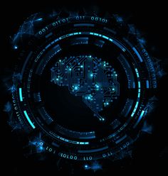 an electronic circuit board in the shape of a brain on a black background with blue lights