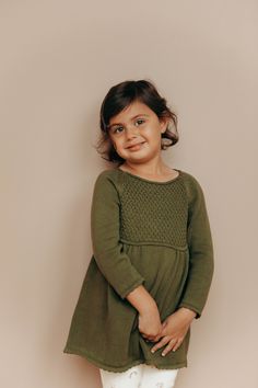 Fitted Long Sleeve Dress With Scalloped Edges, Fitted Green Dress For Playdate, Cute Long Sleeve Fitted Smocked Dress, Long Sleeve Dresses With Lace Trim For Dress-up, Long Sleeve Dresses With Lace Trim For Dress-up Occasions, Knitwear Collection, Tunics With Leggings, Organic Cotton Yarn, Childrens Dress