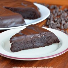 two plates with slices of chocolate cake on them