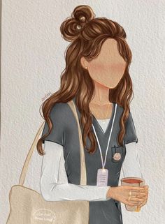 a drawing of a woman holding a coffee cup in her right hand and wearing a ponytail