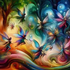 the painting is colorful and has many different colored butterflies flying around in front of it