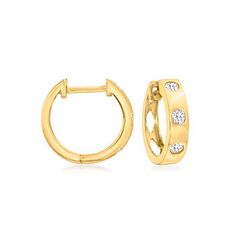 Ross-Simons - .25ct t. w. Bezel-Set Diamond Huggie Hoop Earrings in 14kt Yellow Gold. 3/8". RS Pure. Modern designs that complete your outfit and complement your personality. These dainty huggie hoops feature .25 ct. t. w. bezel-set round brilliant-cut diamonds in polished 14kt yellow gold. Stack them with simple studs for a unique look. Hanging length is 3/8". Hinged post, diamond huggie hoop earrings. Diamond birthstones are the perfect gift for April birthdays. Yellow Gold Channel Set Huggie Earrings, Yellow Gold Round Huggie Earrings Channel Set, 14k Gold Round Channel Set Huggie Earrings, 14k Gold Round Huggie Earrings Channel Set, Fine Jewelery, Diamond Birthstone, Mini Hoop Earrings, Natural Gold, Yellow Gold Jewelry