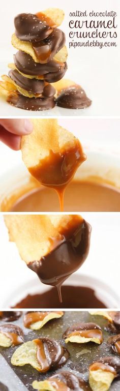 chocolate covered cookies are being dipped with caramel sauce and stacked on top of each other