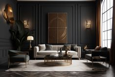 an elegant living room with black walls and gold accents