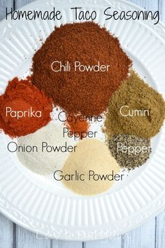 the ingredients for homemade taco seasoning laid out on a white plate with text overlay