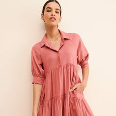 Collared Tiered Shirtdress | Nuuly Rent Feminine Short Sleeve Mini Dress For Fall, Feminine Fall Mini Dress With Short Sleeves, Casual Collared Dress For Brunch, Casual Spring Mini Dress With Collared Neckline, Casual Spring Dress With Collared Neckline, Feminine Short Sleeve Shirt Dress For Brunch, Spring Shirt Dress With Collared Neckline For Day Out, Spring Day Out Shirt Dress With Collared Neckline, Spring Collared Shirt Dress For Day Out