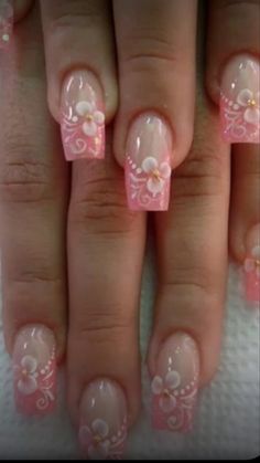 Acrylic Nails Ideas Floral, Spring Time French Nails, Early 2000s Flower Nails, Nail Designs Gyaru, Cute Nails Acrylic Summer Pink, Cute Nails Polygel, Y2k Nails Flowers, Japanese Jelly Nails Short, Kawaii White Nails