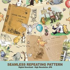 an old book with winnie the pooh and other cartoon characters on it, including balloons