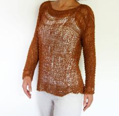 Unique design, soft, feminine, and sexy, this summer sweater is perfect for vacation. The design is a blend of modern and rustic style, a beautiful loose knit featuring a bohemian, hippies look. This knit top is worked bottom-up in round for a seamless look using large needles. Knit this top for Knit Tank Pattern, Knit Summer Sweater, Knit Tank Top Pattern, Summer Knitting Patterns, Knit Summer, Loose Knit Sweater, Knit Shrug, Summer Sweater, Hippie Look