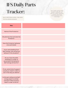 Use this IFS daily parts tracker to help build a Self-to-part trusting relationship. Get to know this part, how it shows up, and identify what Self-led behavior may look like in a similar situation. If you're currently engaged in IFS therapy, this can be useful to keep track of the parts that come up each session. Prostate Health Men, Therapy Ideas, Therapy Activities, Getting To Know