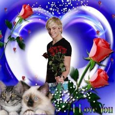 a young man holding roses next to a cat and rose bush with hearts in the background