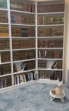 a room filled with lots of books next to a white shelf full of different types of books