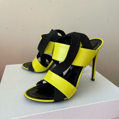 Balenciaga/ Woman’s/ Heels/Sandals/Color:Bright Yellow/ Black/ Leather/ Elastic Straps/ Size:39,5 As Marked But Running Really Small - Fit 8 - 8,5 / Brand New/ Box/ Heel 4,5’ In Balenciaga Slides, Yellow Balenciaga Shoes, Yellow Open Heel Synthetic Heels, Balenciaga Sandals, Yellow Synthetic Slip-on Heels, Orange Balenciaga Bag, Pink Balenciaga, Strappy Mules, Yellow Synthetic Sandals With 4-inch Heel