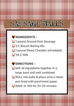 sausage balls recipe on a red and white checkered tablecloth with instructions for how to make them