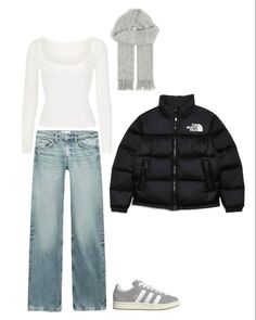 Outfit Idea School, North Face Jacket Outfit, Jeans Gris, Winter Outfit Ideas, Europe Outfits, Outfit Layout, Uni Outfits, Des Baskets