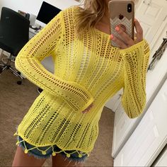 Note: Never Worn! Perfect Condition. However, The White Hanger Strings Were Removed When I Thought It Was Something I Planned To Keep (But Given The Sheerness Of The Sweater, They’ll Need To Be Removed In Order To Wear). This Yellow Open Weave Sweater Pairs Perfectly Over A Tank Or As A Cover Up At The Beach. The Bottom Features Playful Pom-Pom Detail. 60% Cotton 40% Acrylic Summer Knit Cover-up With Long Sleeves, Casual Knit Cover-up For Day Out, Trendy Knit Tops For The Beach, Trendy Knit Tops For Beach, Casual Cotton Beach Season Cover-up, Casual Long Sleeve Open Knit Cover-up, Long Sleeve Tops For Vacation Day Out, Casual Long Sleeve Beach Season Cover-up, Knit Crew Neck Top For Beach Season