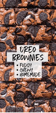 oreo brownies are stacked on top of each other with the words oreo brownies