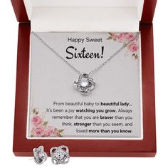 a necklace and matching earrings in a gift box with the message, happy sweet sixteen