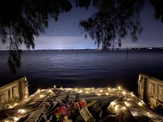 there is a blanket with lights on it and flowers in the foreground next to water